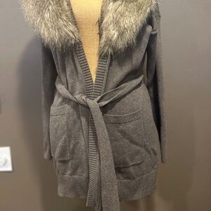 Banana Republic chocolate soft long sleeve tie cardigan sweater with faux fur